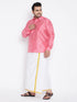 Vastramay Men's Plus Size Pink And White Silk Blend Shirt And Mundu Set