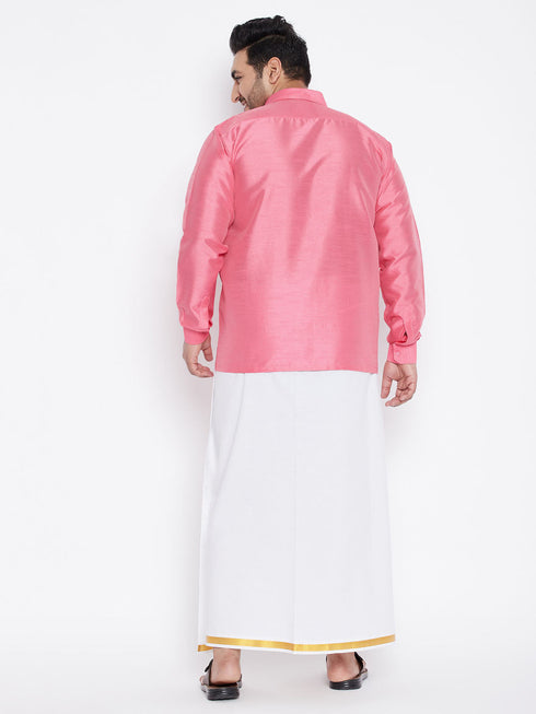 Vastramay Men's Plus Size Pink And White Silk Blend Shirt And Mundu Set