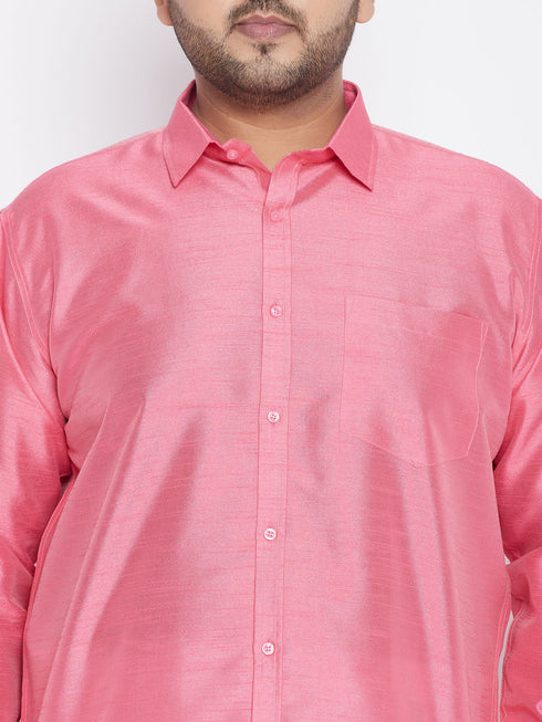 Vastramay Men's Plus Size Pink And White Silk Blend Shirt And Mundu Set
