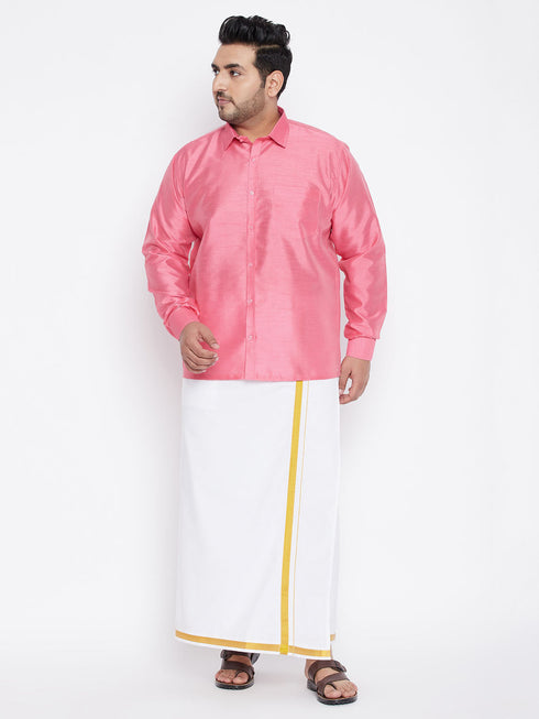 Vastramay Men's Plus Size Pink And White Silk Blend Shirt And Mundu Set