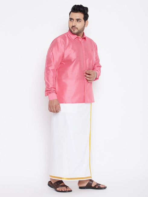 Vastramay Men's Plus Size Pink And White Silk Blend Shirt And Mundu Set
