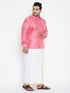 Vastramay Men's Plus Size Pink And White Silk Blend Shirt And Mundu Set