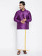 Vastramay Men's Plus Size Purple And White Silk Blend Shirt And Mundu Set