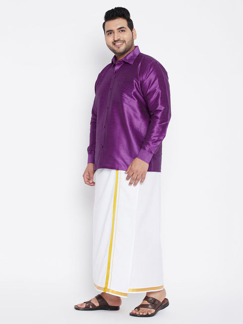 Vastramay Men's Plus Size Purple And White Silk Blend Shirt And Mundu Set