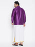 Vastramay Men's Plus Size Purple And White Silk Blend Shirt And Mundu Set