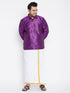 Vastramay Men's Plus Size Purple And White Silk Blend Shirt And Mundu Set