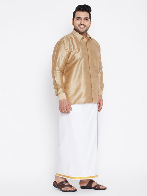 Vastramay Men's Plus Size Rose Gold And White Silk Blend Shirt And Mundu Set