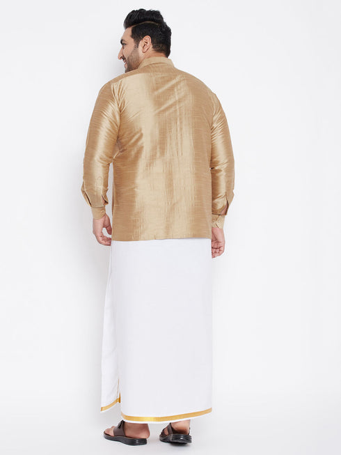 Vastramay Men's Plus Size Rose Gold And White Silk Blend Shirt And Mundu Set