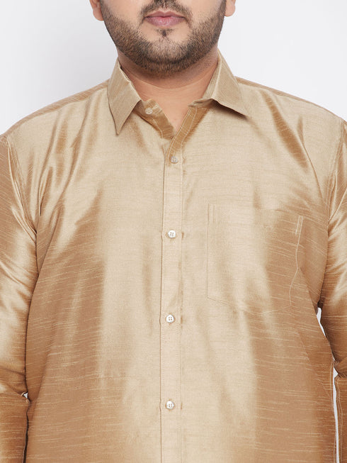 Vastramay Men's Plus Size Rose Gold And White Silk Blend Shirt And Mundu Set