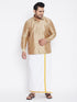 Vastramay Men's Plus Size Rose Gold And White Silk Blend Shirt And Mundu Set