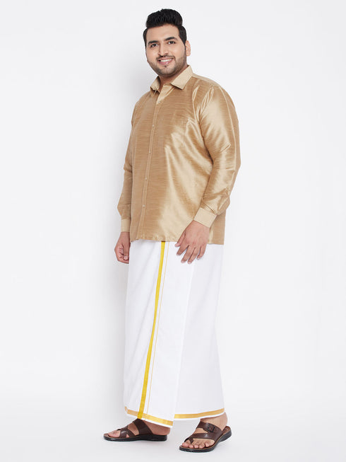 Vastramay Men's Plus Size Rose Gold And White Silk Blend Shirt And Mundu Set