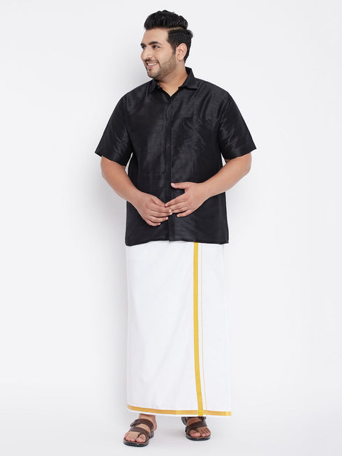 Vastramay Men's Plus Size Black Silk Blend Ethnic Shirt and Mundu Set