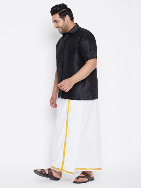 Vastramay Men's Plus Size Black Silk Blend Ethnic Shirt and Mundu Set