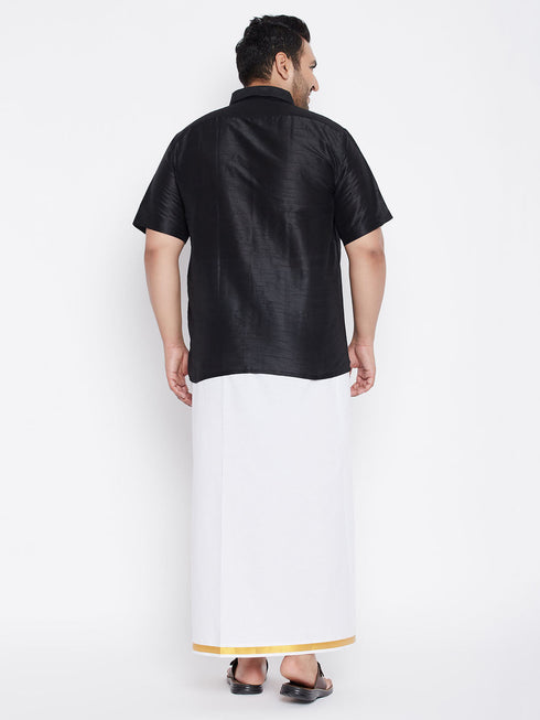 Vastramay Men's Plus Size Black Silk Blend Ethnic Shirt and Mundu Set