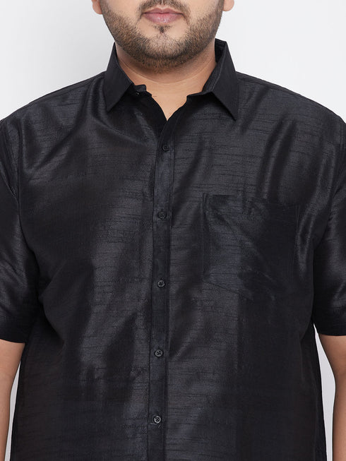 Vastramay Men's Plus Size Black Silk Blend Ethnic Shirt and Mundu Set