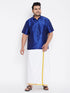 Vastramay Men's Plus Size Blue And White Silk Blend Shirt And Mundu Set