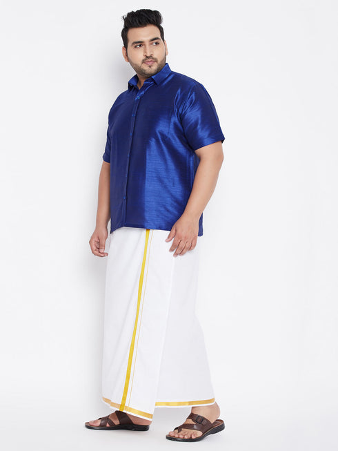 Vastramay Men's Plus Size Blue And White Silk Blend Shirt And Mundu Set