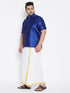 Vastramay Men's Plus Size Blue And White Silk Blend Shirt And Mundu Set