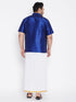Vastramay Men's Plus Size Blue And White Silk Blend Shirt And Mundu Set