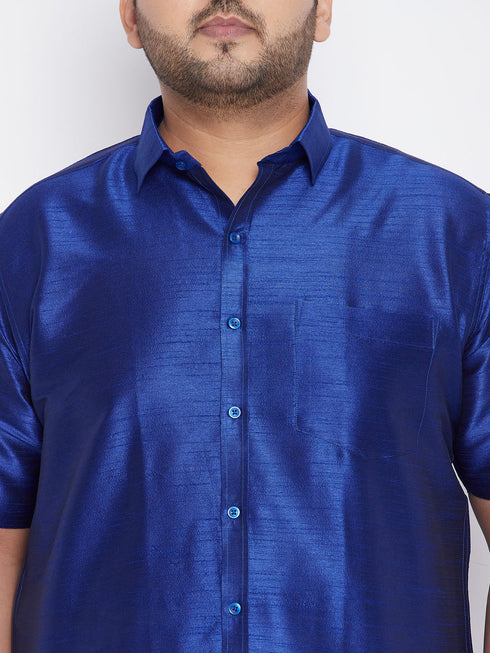 Vastramay Men's Plus Size Blue And White Silk Blend Shirt And Mundu Set