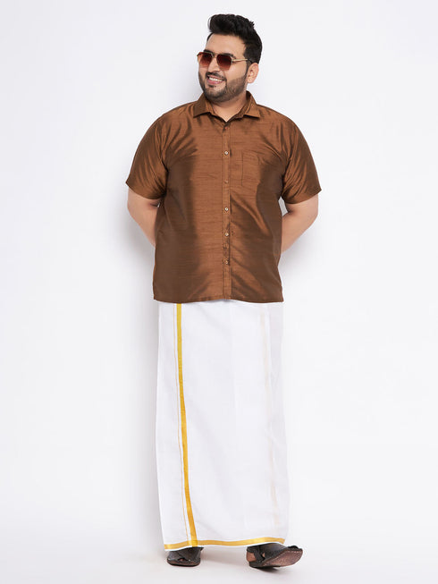 Vastramay Men's Plus Size Coffee Shirt And Mundu Set