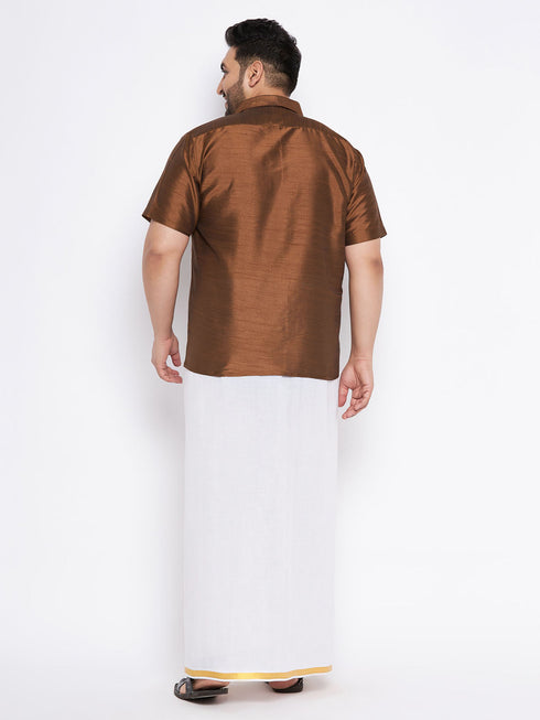 Vastramay Men's Plus Size Coffee Shirt And Mundu Set