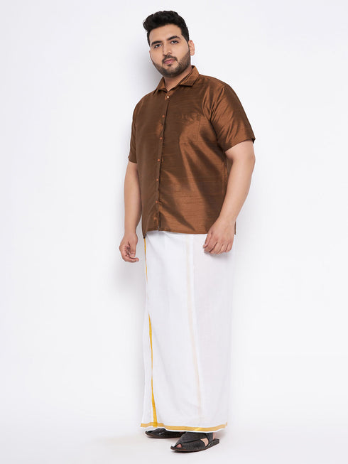 Vastramay Men's Plus Size Coffee Shirt And Mundu Set
