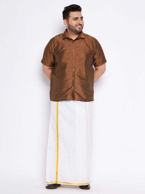Vastramay Men's Plus Size Coffee Shirt And Mundu Set
