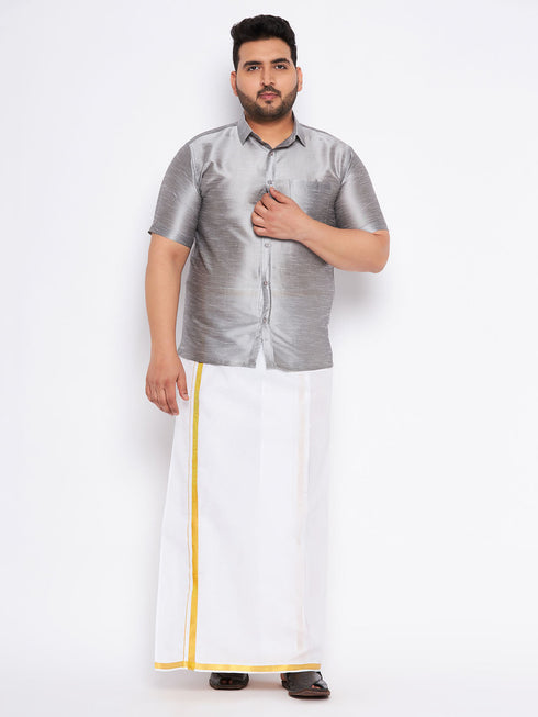 Vastramay Men's Plus Size Grey Shirt And Mundu Set