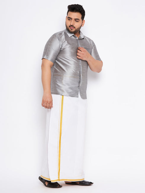 Vastramay Men's Plus Size Grey Shirt And Mundu Set
