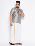 Vastramay Men's Plus Size Grey Shirt And Mundu Set