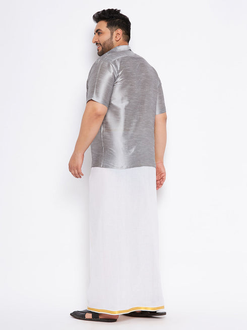 Vastramay Men's Plus Size Grey Shirt And Mundu Set
