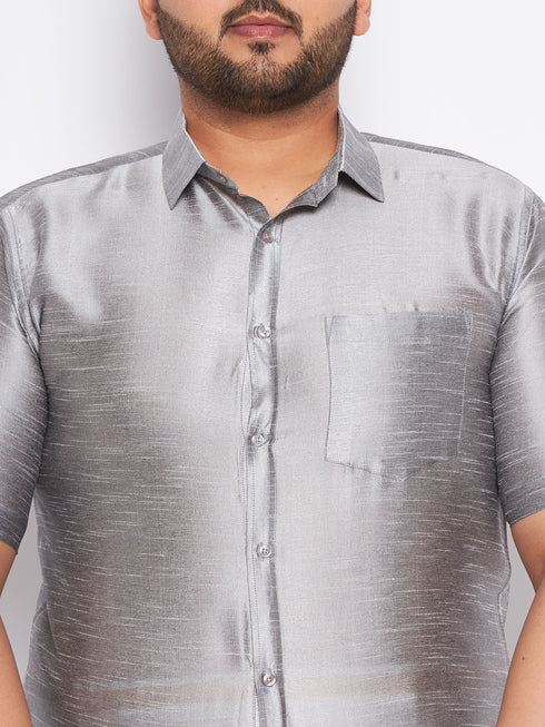 Vastramay Men's Plus Size Grey Shirt And Mundu Set