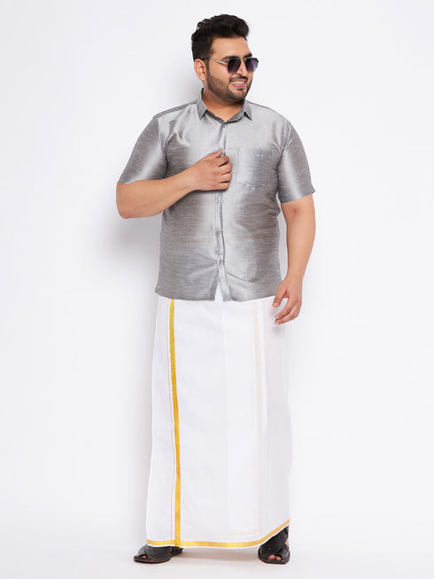 Vastramay Men's Plus Size Grey Shirt And Mundu Set