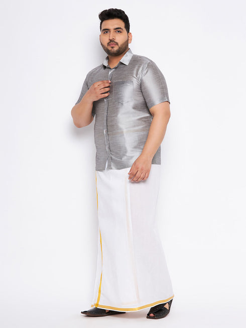 Vastramay Men's Plus Size Grey Shirt And Mundu Set