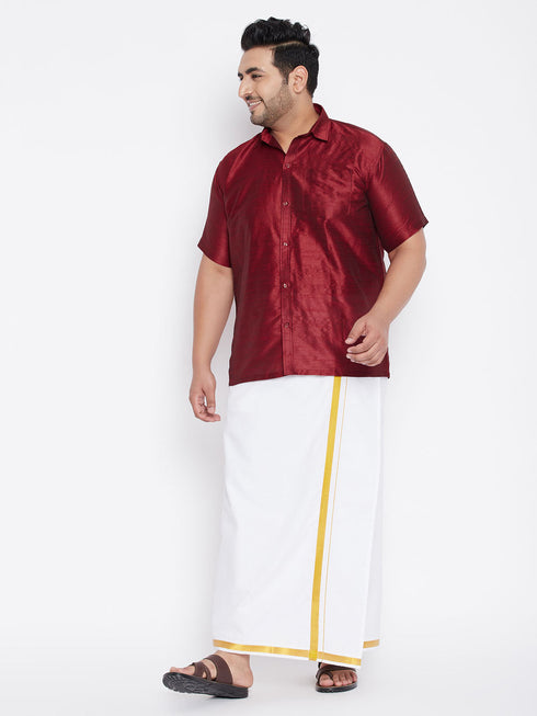 Vastramay Men's Plus Size Maroon And White Silk Blend Shirt And Mundu Set