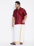 Vastramay Men's Plus Size Maroon And White Silk Blend Shirt And Mundu Set