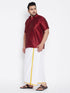 Vastramay Men's Plus Size Maroon And White Silk Blend Shirt And Mundu Set