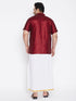 Vastramay Men's Plus Size Maroon And White Silk Blend Shirt And Mundu Set