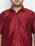 Vastramay Men's Plus Size Maroon And White Silk Blend Shirt And Mundu Set