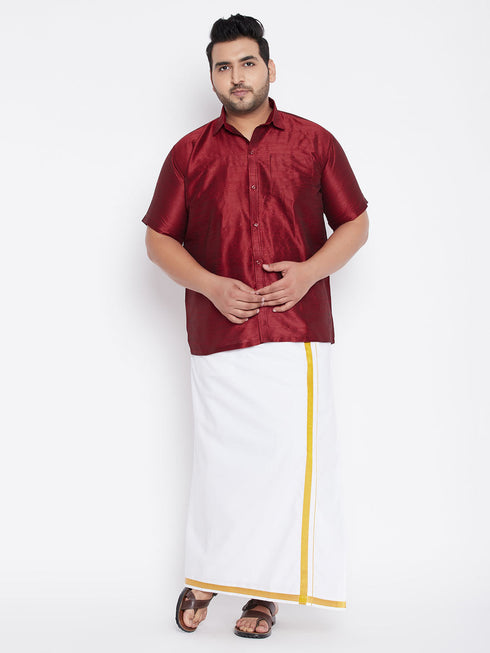 Vastramay Men's Plus Size Maroon And White Silk Blend Shirt And Mundu Set
