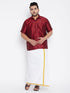 Vastramay Men's Plus Size Maroon And White Silk Blend Shirt And Mundu Set