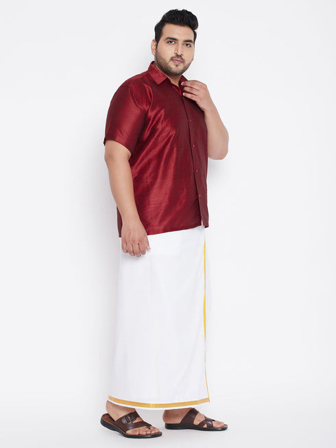 Vastramay Men's Plus Size Maroon And White Silk Blend Shirt And Mundu Set