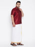 Vastramay Men's Plus Size Maroon And White Silk Blend Shirt And Mundu Set