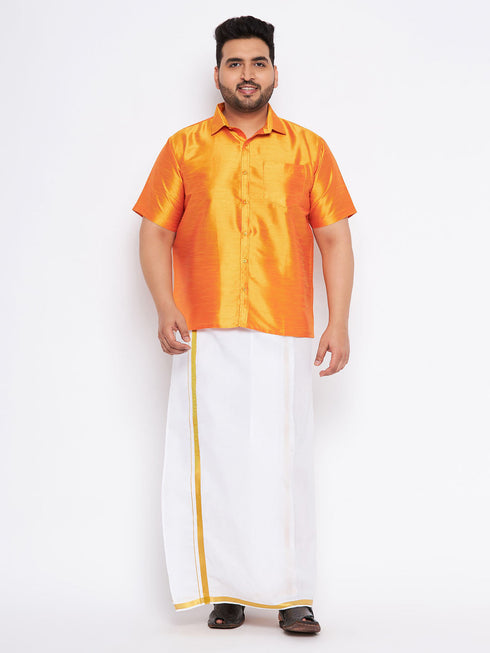 Vastramay Men's Plus Size Orange Shirt And Mundu Set
