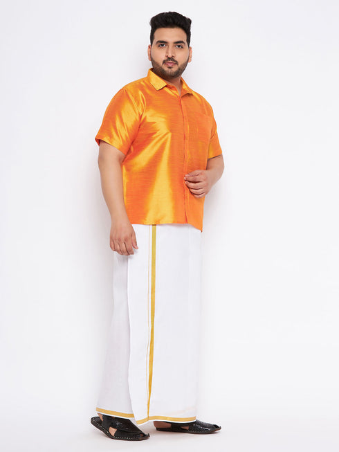 Vastramay Men's Plus Size Orange Shirt And Mundu Set