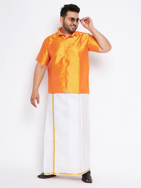 Vastramay Men's Plus Size Orange Shirt And Mundu Set