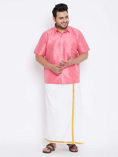 Vastramay Men's Plus Size Pink And White Silk Blend Shirt And Mundu Set