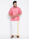 Vastramay Men's Plus Size Pink And White Silk Blend Shirt And Mundu Set