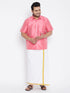 Vastramay Men's Plus Size Pink And White Silk Blend Shirt And Mundu Set